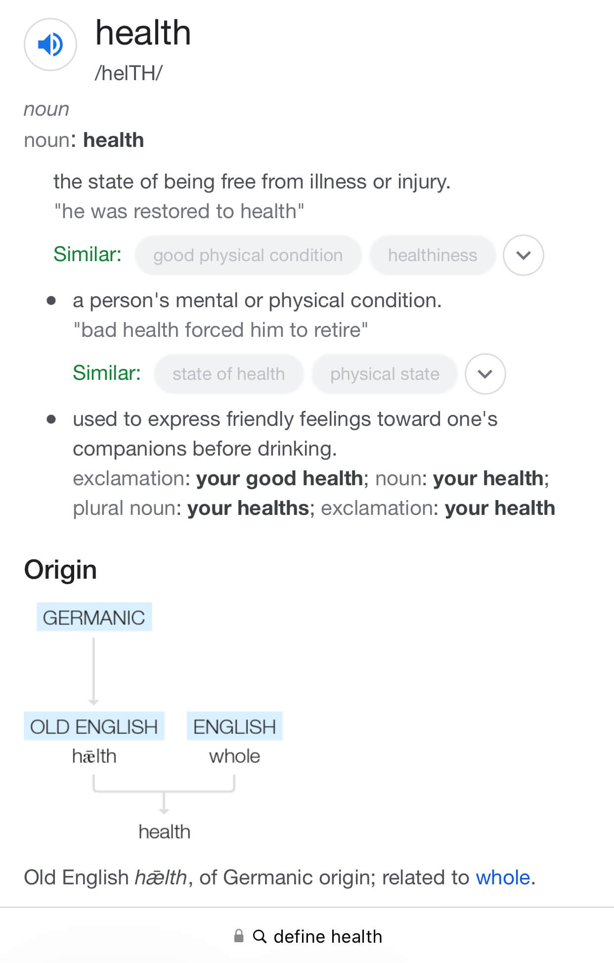 Health Defined: The word health originates from an Old English-Germanic word meaning whole.